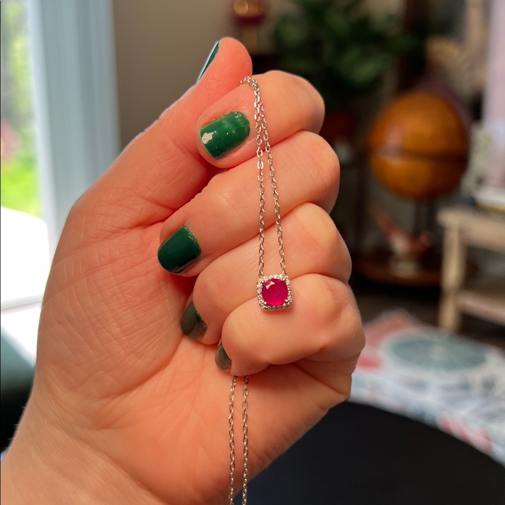 Dainty Hot Pink Ruby Solitaire CZ Halo Sterling Silver Necklace